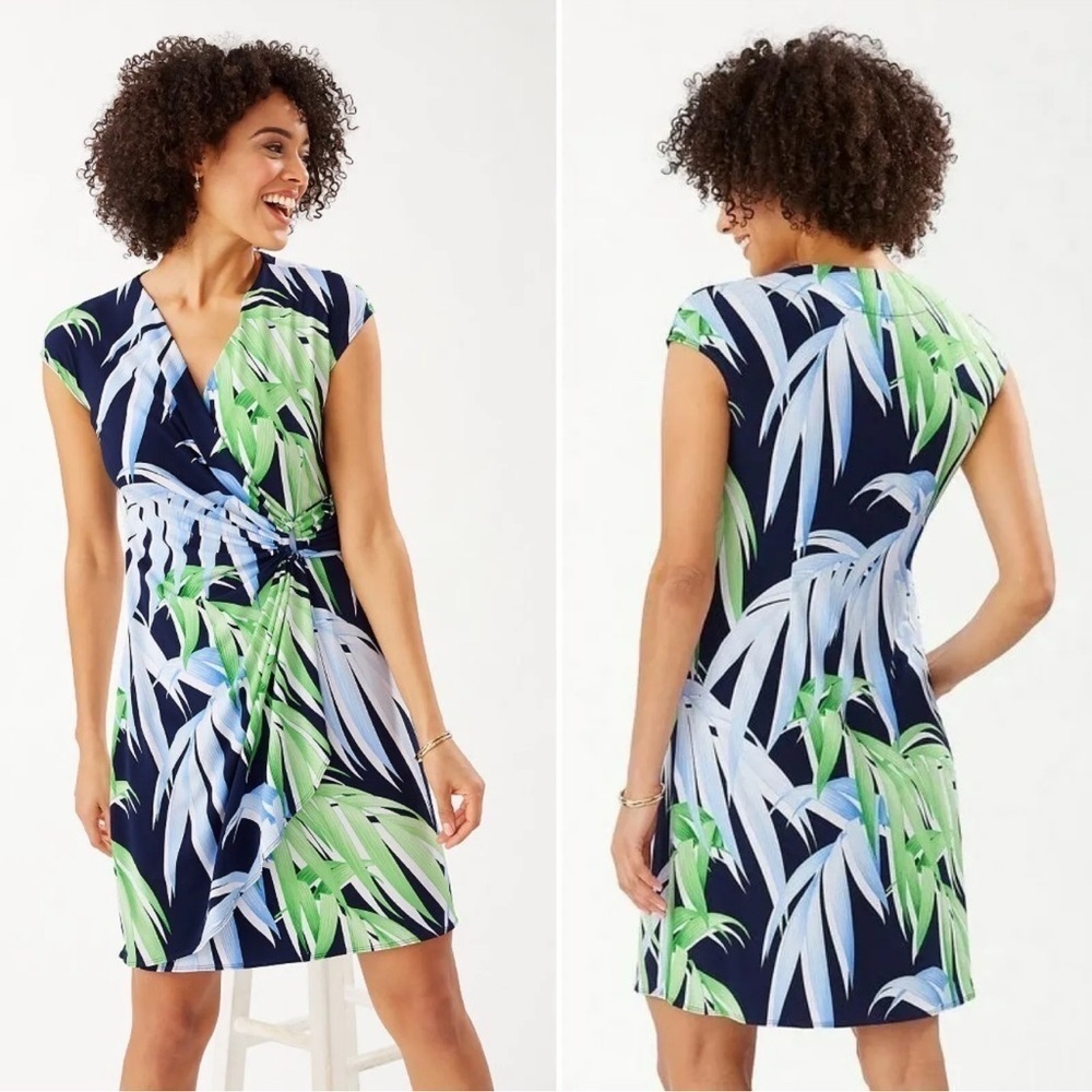 Tommy Bahama Clara Perfect Palmday Faux Wrap Dress Blue Green leaf XL women’s